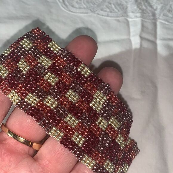 Vintage Handmade Seed Bead Copper Tone Patchwork Bracelet - Picture 6 of 13